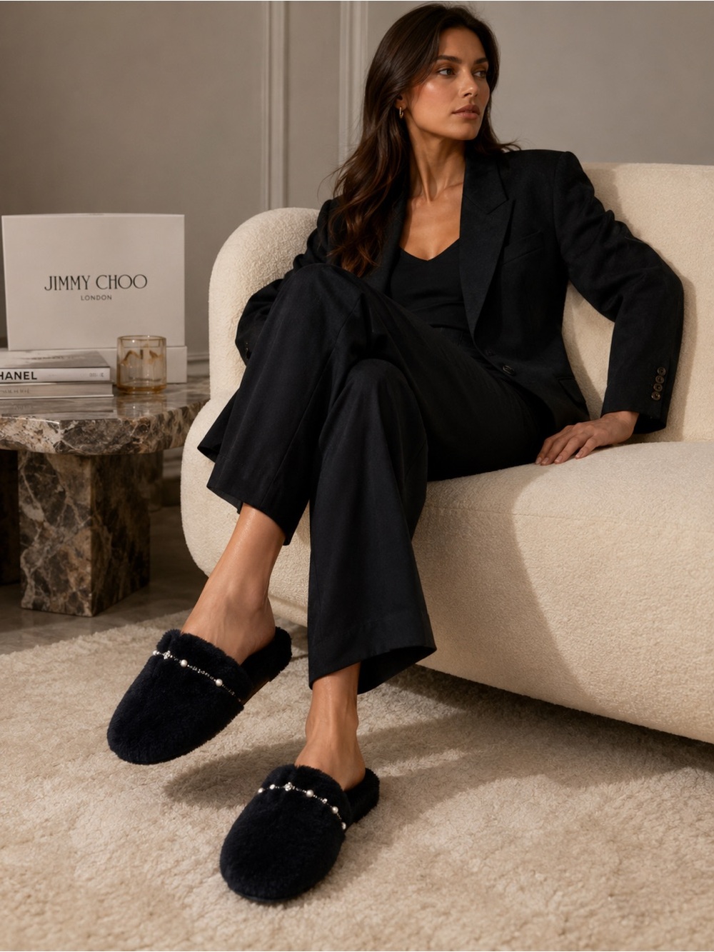 Jimmy Choo London Blk Shearling Crystal Slippers EU 37.5 / US 7 Fur Slide Flats